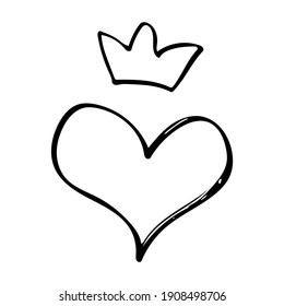 Cute little heart with a crown. Vector doodle illustrations for Valentine's Day greeting cards, wedding cards and romantic design.