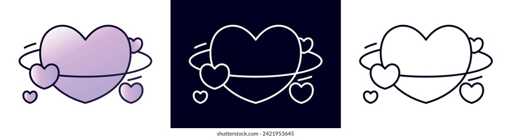 A cute little heart is like a planet or star with its own orbit. Cartoon retro style cosmic heart in color and line. Isolated graphic design element for logo, icon, sign, etc. Vector illustration.