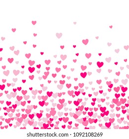 Cute little hearts pattern, random order. Perfect pink hearts backround for Valentines Day greeting card or wedding design. Small heart shapes in different sizes and colors. Vector illustration.