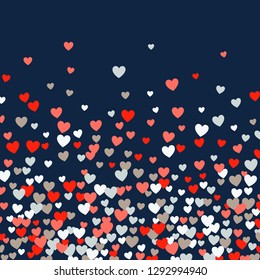 Cute little hearts pattern, random order. Perfect multicolor hearts backround for Valentines Day greeting card or wedding design. Small heart shapes in different sizes and colors. Vector illustration.