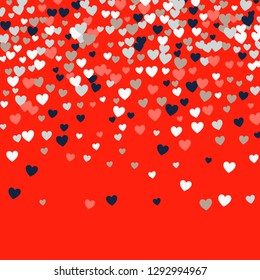 Cute little hearts pattern, random order. Perfect multicolor hearts backround for Valentines Day greeting card or wedding design. Small heart shapes in different sizes and colors. Vector illustration.