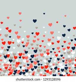 Cute little hearts pattern, random order. Perfect multicolor hearts backround for Valentines Day greeting card or wedding design. Small heart shapes in different sizes and colors. Vector illustration.