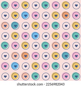 Cute little hearts in seamless pattern. Small heart shapes on random pastel colors for Valentines Day background. Vector illustration.