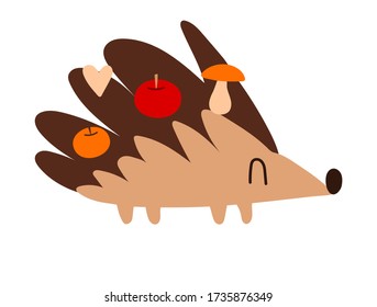 Cute little hedgehog with apples and mushrooms. Cute kawaii cartoon character. Baby greeting card template. Flat design. Vector illustration with a good hedgehog