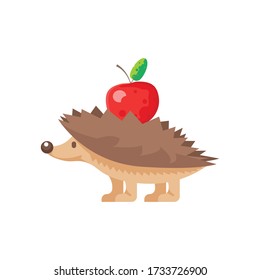 Cute little hedgehog carrying an red apple on his back. Flat vector illustration.