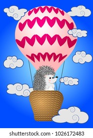 A cute little hedgehog flies into cartoons, a large bulky balloon with a basket in the sky amidst white clouds and a rainbow. Flying, happiness, freedom