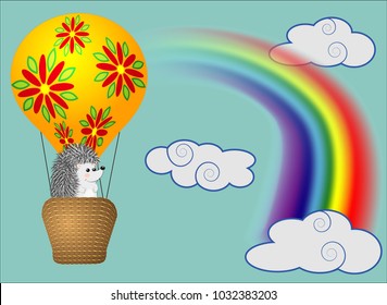 A cute little hedgehog flies into cartoons, a large bulky balloon with a basket in the sky amidst white clouds and a rainbow. Flying, happiness, freedom