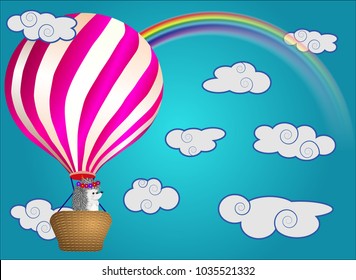 A cute little hedgehog flies into cartoons, a large bulky balloon with a basket in the sky amidst white clouds and a rainbow. Flying, happiness, freedom