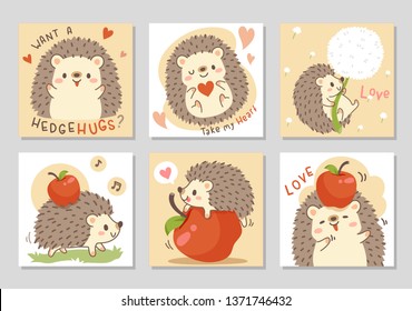 Cute little hedgehog with fresh red apple. Set of square gift tag, card, badge. Lovely happy funny. Vector illustration.
