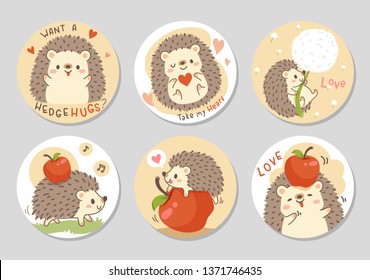 Cute little hedgehog with fresh red apple. Set of circle gift tag, badge, button pin. Lovely happy funny. Vector illustration.
