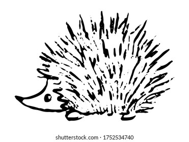 Cute little hedgehog. Hand drawn vector illustration. Doodle, sketching of wild animal. Black contour drawing isolated on white. 