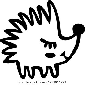 Cute little hedgehog with long needles smiles in dream. Cartoon woodland animal for kids. Vector forest clipart for icons and nursery prints design. Single hand drawn black doodle in wildlife theme. 