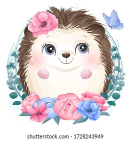 Cute little hedgehog portrait with floral