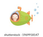 Cute little hedgehog sail on green submarine. Cartoon character for childrens book, album, baby shower, greeting card, party invitation, house interior. Vector stock illustration.
