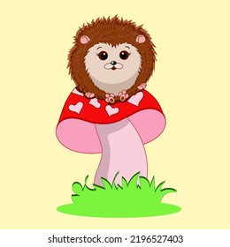 Cute little hedgehog is sitting on a big mushroom with hearts. A separate design element for children's illustrations, greeting cards, T-shirt print, wallpaper, pattern.