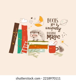 Cute Little Hedgehog sitting on Big Stack of Books