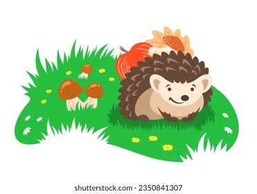 Kleiner Hedgehog auf grünem Waldrasen. Cartoon-Banner. Lächelnde Igel trägt einen Apfel, einen Pilz und ein Herbstblatt auf dem Rücken. Schöne Vektorgrafik für Kinder