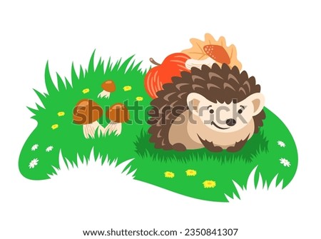 Cute little hedgehog sitting on green forest lawn. Cartoon banner. Smiling hedgehog carries an apple, a mushroom and an autumn leaf on its back. Adorable vector illustration for kids
