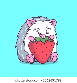 Cute little hedgehog is smiling and eating strawberries