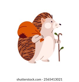 Cute little hedgehog walks with cane in woodland. Prickly baby animal carries bag, strolls with stick. Happy forest character with needles. Flat isolated vector illustration on white background