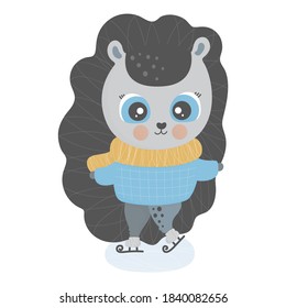 A cute little hedgehog wearing scarf and sweater is skating on ice. White background. Isolated toddler winter illustration with pet. Cartoon character for print, nursery, sticker, baby clothes. Vector