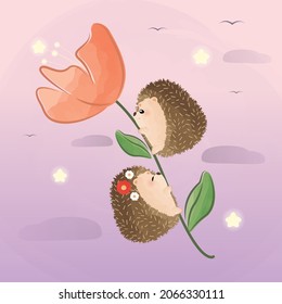 cute little hedgehogs and a flower