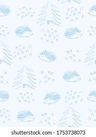 Cute Little Hedgehogs Running among the Trees. Funny Hand Drawn Seamless Vector Pattern with Blue Trees and Sweet Hedgehogs. Lovely Nursery Art. Woodland Party. Pastel Color Design.