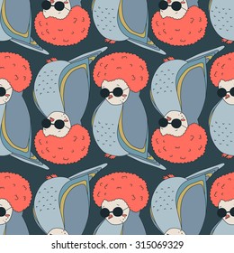 Cute little hippie bird wearing glasses and a wig on red background