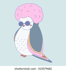 Cute little hippie bird wearing glasses and a wig on blue background