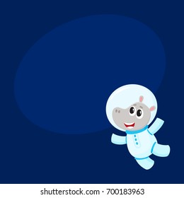 Cute little hippo animal astronaut, spaceman character wearing space suit, cartoon vector illustration with space for text. Baby hippo astronaut, spaceman in spacesuit flying in open space