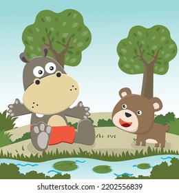 cute little hippo and little bear play around swamp. Funny Kid Graphic Illustration. T-Shirt Design for children. Creative vector childish background for wallpaper, poster and other decoration.
