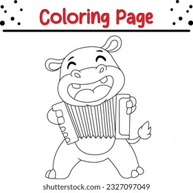 Cute little hippo cartoon playing accordion. Black and white vector illustration for coloring book