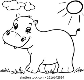 Cute little hippo character, hand drawn vector illustration.Vector cartoon hippo.Coloring book hippopotamus, african, savannah animal.Can be used for t-shirt print, kids wear, baby shower, nursery.