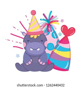 cute and little hippo character with party hat