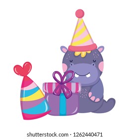 cute and little hippo character with party hat