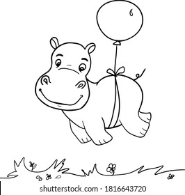 Pequeño y lindo personaje de hipopótamo. Hipótamo de dibujos animados de vectores volando en globo. Colores de libros hippotamus, africanos, animales de la sabana. Se puede usar para imprimir camisetas, ropa infantil, ducha de bebé, guardería.
