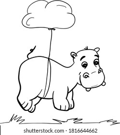Cute little hippo character. Vector cartoon hippo flying on cloud.Coloring book hippopotamus, african, savannah animal.Can be used for t-shirt print, kids wear, baby shower, nursery.