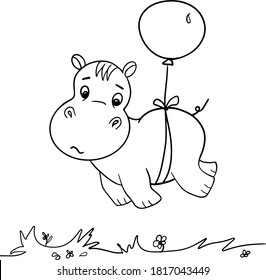 Cute little hippo character. Vector cartoon hippo flying on balloon.Coloring book hippopotamus, african, savannah animal.Can be used for t-shirt print, kids wear, baby shower, nursery.