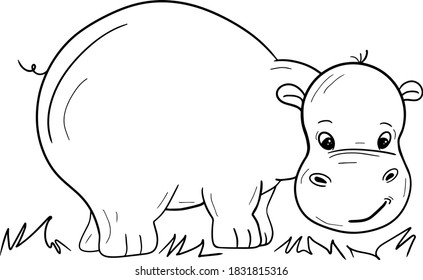 Cute little hippo character. Vector cartoon hippo.Coloring book hippopotamus, african, savannah animal.Can be used for t-shirt print, kids wear, baby shower, nursery.