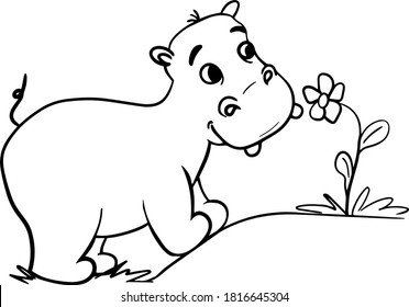 Cute little hippo character.Vector cartoon hippo smelling a flower
.Coloring book hippopotamus, african, savannah animal.Can be used for t-shirt print, kids wear, baby shower, nursery.