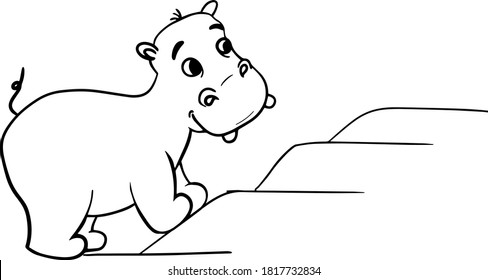 Cute little hippo character.Vector cartoon hippo climbing stairs
.Coloring book hippopotamus, african, savannah animal.Can be used for t-shirt print, kids wear, baby shower, nursery.