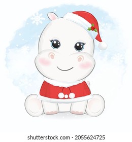 Cute little Hippo Christmas season illustration.