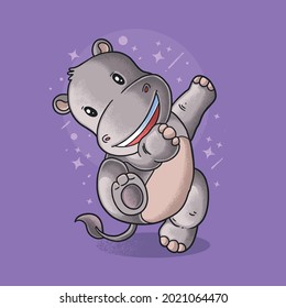 cute little hippo dance illustration vector grunge