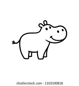 Cute Little Hippo Drawing, Line Art Illustration For Coloring Book. Funny Cartoon Baby Hippopotamus.