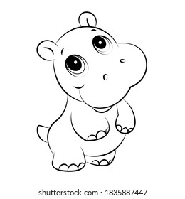 Cute Little Hippo Drawing, Line Art Illustration For Coloring Book. Funny Cartoon Baby Hippopotamus.