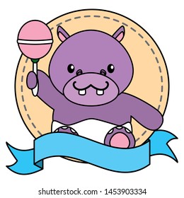cute little hippo in frame with ribbon vector illustration design