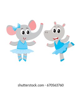 Cute little hippo and giraffe puppy and kitten characters dancing ballet together, cartoon vector illustration isolated on white background. Little giraffe and hippo ballet dancers, ballerinas