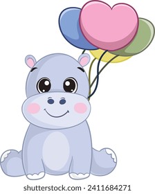 Cute Little hippo and Heart balloon  cartoon illustration