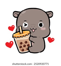 Cute Little Hippo Hug Boba Milk Tea. Kawaii Cartoon Style