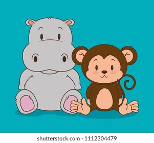 cute little hippo and monkey characters